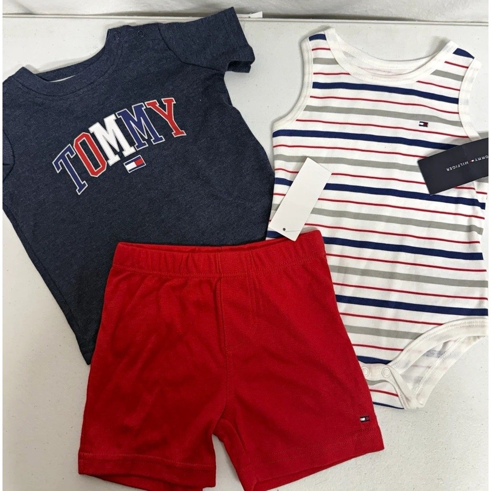Tommy Hilfiger Boys 3-6M 3Pc Cotton Knit Shorts Set Striped Logo Tee, bodysuit